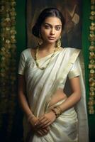 ai generado elegante indio mujer vistiendo tradicional blanco sari foto