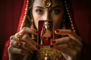 ai generado hermosa indio mujer adornado con oro joyería foto
