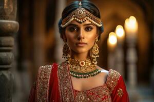 AI generated Elegant Indian woman adorned with traditional jewelry and elaborate dress photo