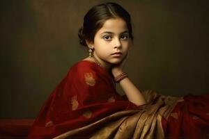 ai generado un joven niña en un rojo y naranja vestido, posando para un Clásico retrato. foto