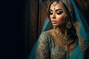 AI generated Elegant Indian Woman Adorned with Gold Jewelry photo