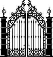 Vector illustration wrought-iron fence. Old metal fence and gate. Gate silhouette. AI generated illustration.