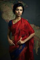 ai generado elegante indio mujer en un rojo sari foto