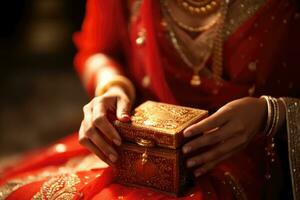 ai generado un mujer en un naranja vestir abre un oro caja con un diamante anillo dentro foto