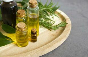 Spa therapy background. Different types of natural oils for body care. photo