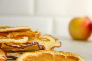 Dried fruits, close up. Fruit chips. A healthy snack. photo