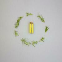 Oil in a circle of sprigs of rosemary on a gray background. photo