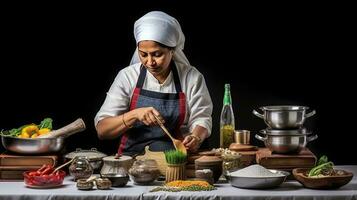 ai generado un cocinero preparando un variedad de especias y ingredientes en su cocina foto