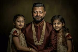 ai generado un hombre en oriental traje y dos pequeño muchachas actitud para un foto