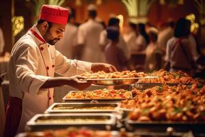 AI generated A Banquet of Food Choices - Servers and Buffet Assistants at Work photo