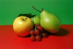 AI generated Fresh Pair of Green and Yellow Pears and Red Grapes photo