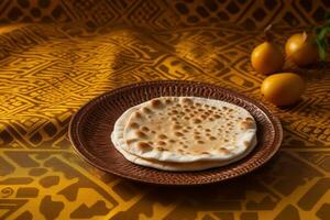 AI generated Freshly Baked Focaccia Bread on a Patterned Plate photo