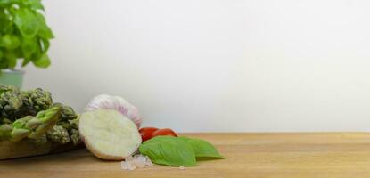 Fresh herbs on crushed boards, copy space. Banner. photo