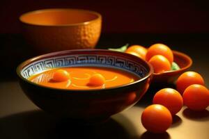 AI generated Soup or sauce in a bowl, surrounded by tomatoes photo