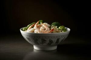 AI generated Freshly Prepared Noodle and Seafood Bowl photo