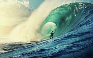 Surfing ocean wave on sunset background. 3D Rendering. photo