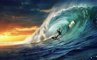 Surfing ocean wave on sunset background. 3D Rendering. photo