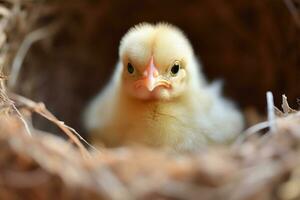 AI generated Yellow chick in a nest close-up photo