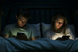 AI generated Young man and woman in bed looking at smartphones before going to bed, addiction to social networks photo