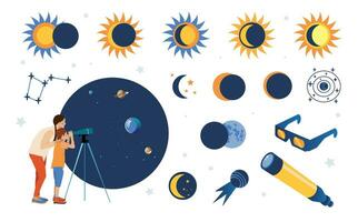 solar eclipse conjunto.vector plano estilo conjunto de solar eclipse elementos para infografía. ilustración en plano estilo para niños educación a escuela, pegatinas, álbum de recortes vector