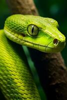 AI generated Lime snake close-up in the forest photo