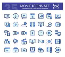 Movie Icons Bundle. Blue colored outline icons style. Vector illustration