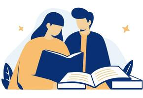 Man and woman reading together, preparing for exams. Flat vector illustration.