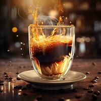 AI generated Coffee in a glass cup with splashes on a wooden table. Hot coffee splashes on a blurred background with bokeh lights. photo