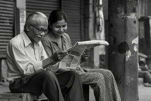 ai generado antiguo hombre y joven mujer leyendo Noticias juntos foto