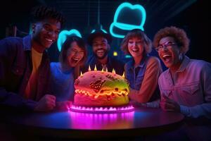 AI generated Laughing Friends Gather Around Brightly-Colored Cake photo