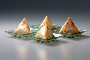 AI generated Triangular pastry puffs with a slice of pizza on glass plates photo