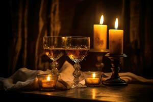 ai generado romántico atmósfera con vino lentes y velas foto