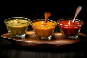 AI generated Various flavored ketchups and sauces served in different bowls photo