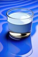 AI generated Glass of Milk or Cream, Served on a blue table photo