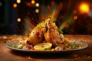 AI generated Dazzling Display of Food - Lemon and Lime Chicken with Explosive Background photo