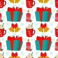 Vector illustration of a seamless Christmas background with elements of parties and celebrations, such as a gift, a bell, a candle and a coffee mug. Stock illustration. New Year's pattern.