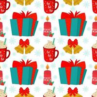 Vector illustration of a seamless Christmas background with elements of parties and celebrations, such as a gift, a bell, a candle and a coffee mug. Stock illustration. New Year's pattern.