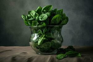 AI generated Fresh Spinach Leaves in a Glass Bowl photo