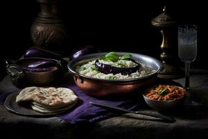 AI generated A Rich Purple Dish with Rice, Eggplant, and Flatbread - A Delicious Combination photo