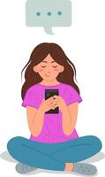 A young girl using a mobile phone is sitting cross-legged on the floor, isolated vector illustration. Exchange text messages, reflect and wonder, no other gestures. Vector illustration.