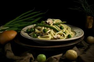 AI generated Plate of delicious pasta with green vegetables and mushrooms photo