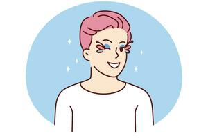 Homosexual man with pink hair and eye makeup wink at camera. Smiling gay guy with face make-up feeling optimistic and joyful. Vector illustration.