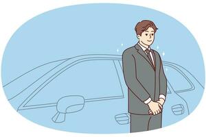 Car driver in suit standing near car waiting for client. Chauffeur in formalwear working in luxury automobile company. Good quality service. Vector illustration.