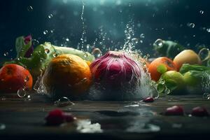 AI generated Vegetables splash in water on black background. Neural network AI generated photo