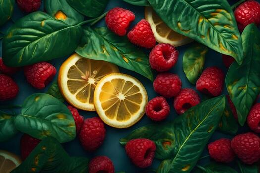 ai generado antecedentes con frambuesa, limón y menta. neural red ai generado foto