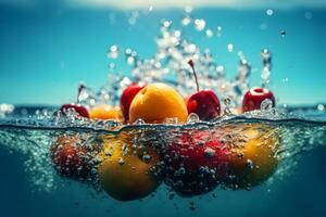 AI generated Tropical fruits fall deeply under water with a big splash. Neural network AI generated photo