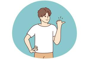 Smiling young man point at empty copy space aside. Happy male show with finger good sale deal or promotion. Recommendation. Vector illustration.