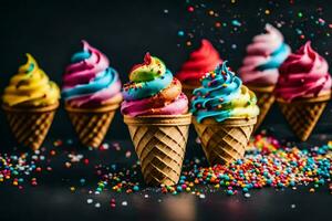 AI generated colorful ice cream cones with sprinkles on a black background photo