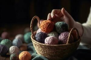 AI generated Women's hands and a basket with balls of thread. Neural network AI generated photo