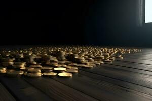 AI generated Many gold coins on a wooden background. Neural network AI generated photo